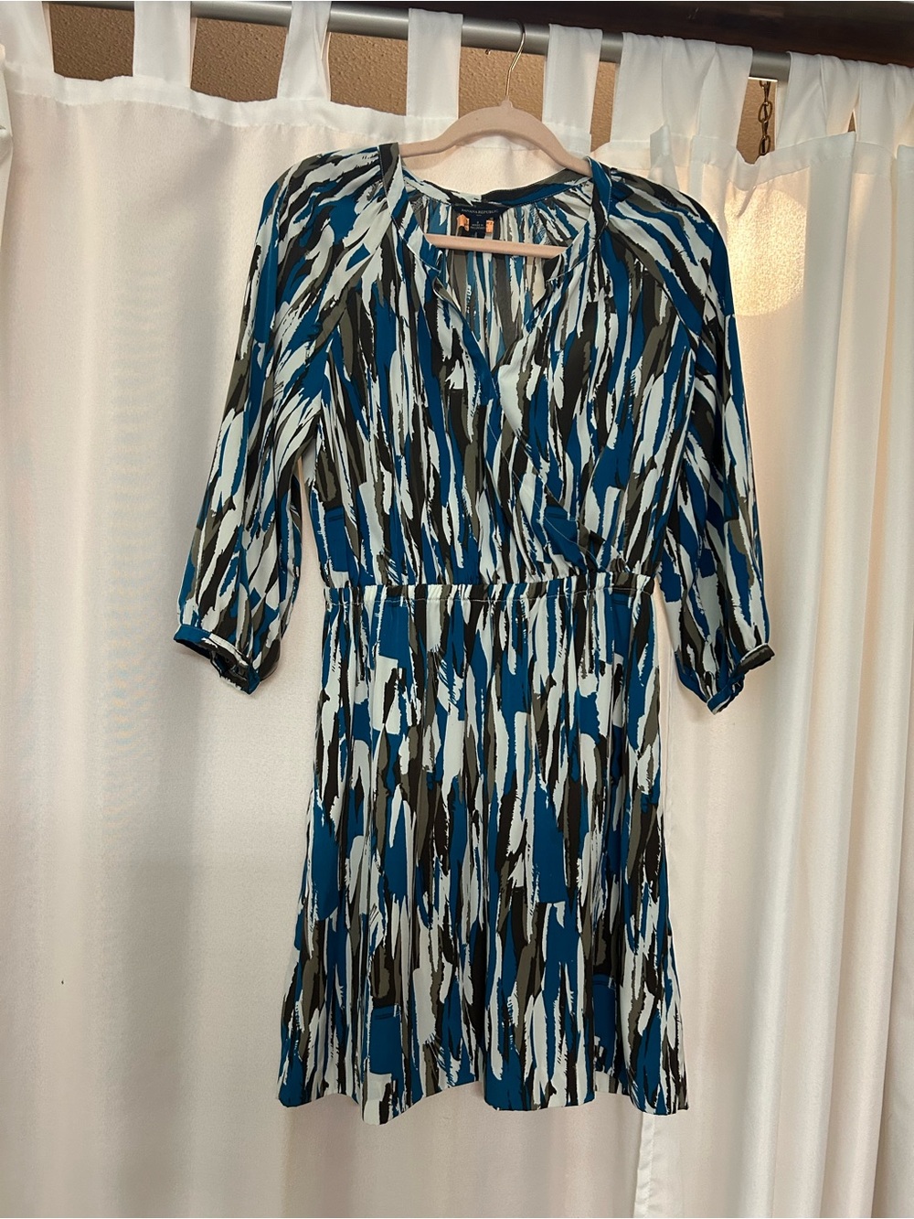 Banana Republic Blue White and Black Abstract Midi Wrap Dress